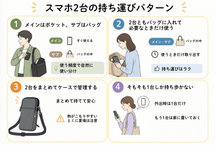 スマホ2台の持ち運びパターンを解説するイラスト画像