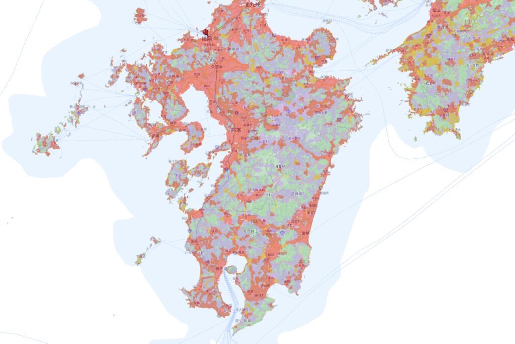 九州全域におけるQTモバイルの通信エリア（ドコモ回線利用）