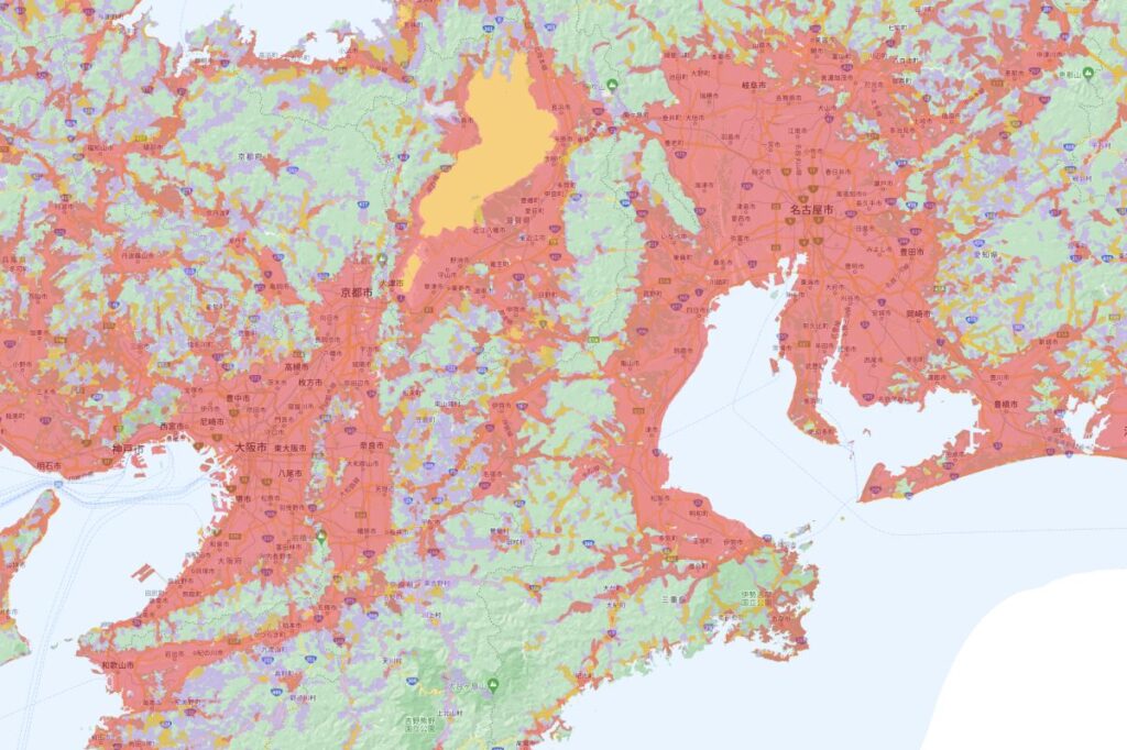 大阪・名古屋におけるQTモバイルの通信エリア（ドコモ回線利用）