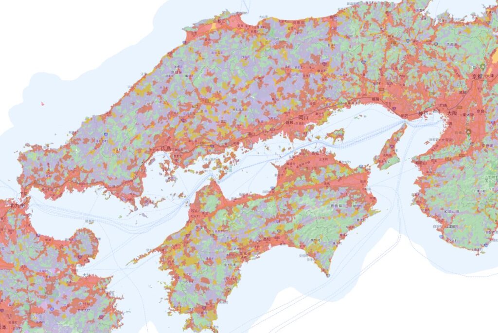広島・岡山・四国におけるQTモバイルの通信エリア（ドコモ回線利用）