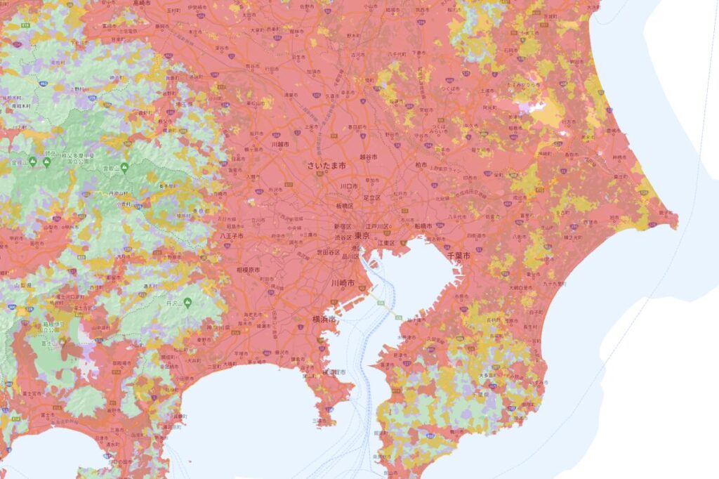 東京におけるQTモバイルの通信エリア（ドコモ回線利用）