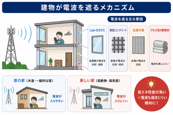 建物構造が電波を遮るメカニズムを解説した図解イラスト